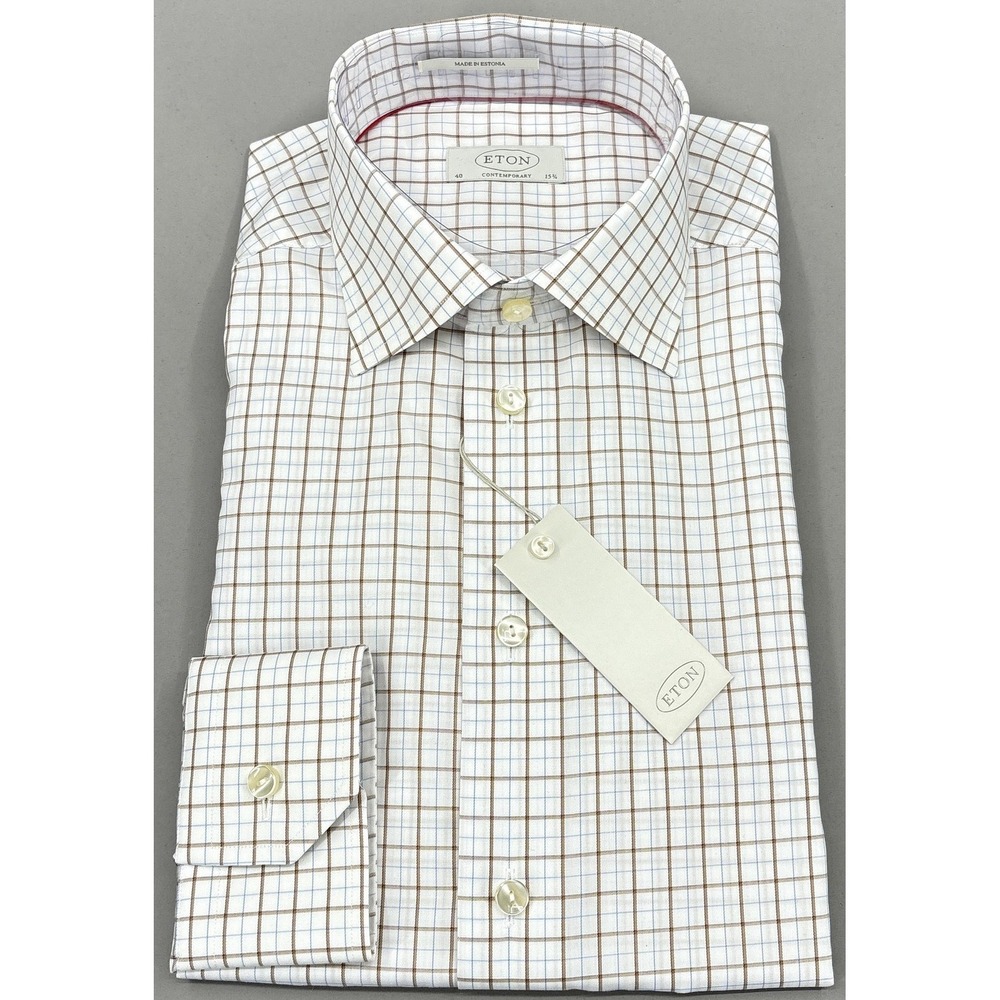 Eton Shirt Mens 15.75 40 White Tan Check Contemporary Dress Long Sleeve NWT
